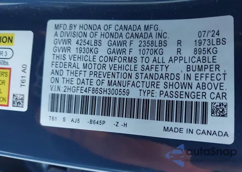2025 Honda Civic Hybrid Sport/Sport Touring from USA, damaged, VIN 2HGFE4F86SH300559